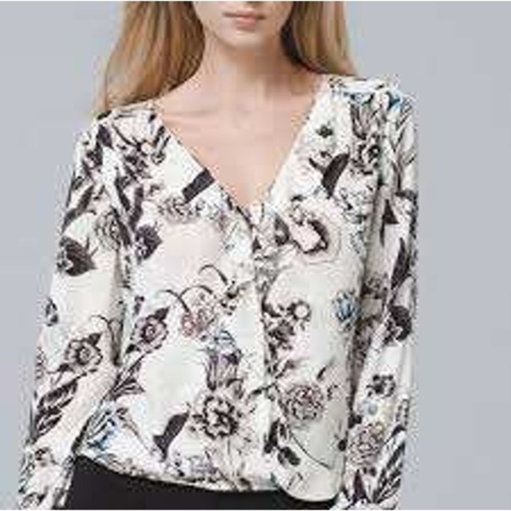 White House Black Market Floral Print V Neck Tie Neck Long Sleeve Blouse -Size 8